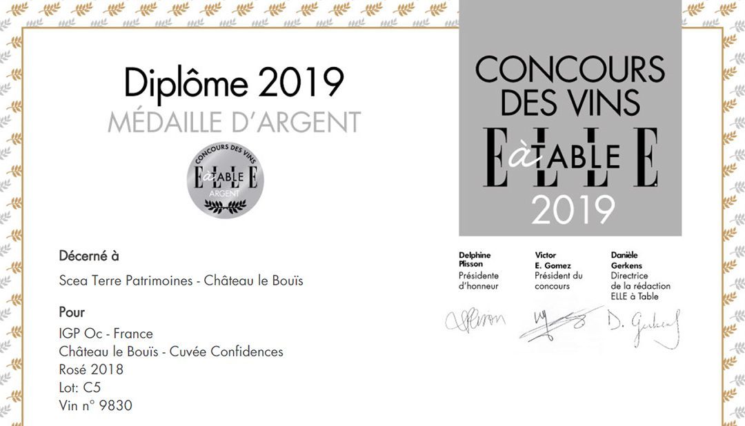 Concours « Elle à table » 2019 – Nouvelle distinction pour les vins du Château le Bouïs !